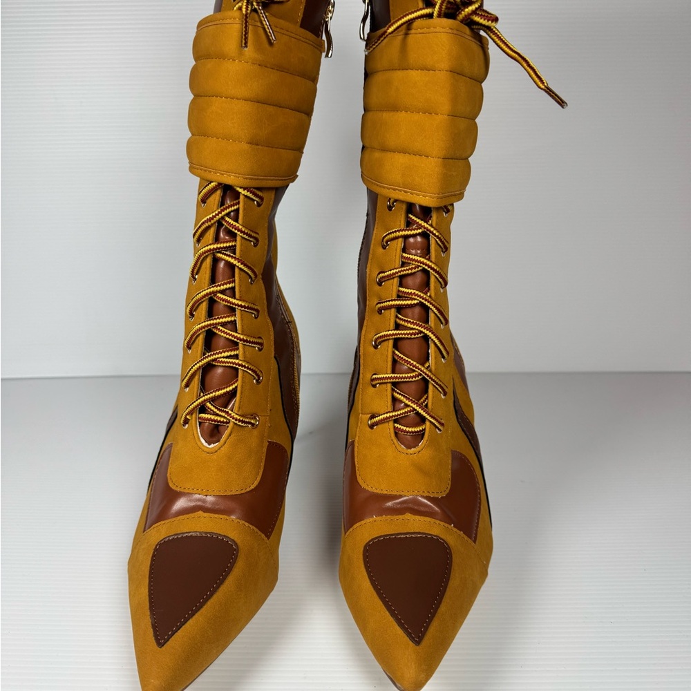 Liliana Mustard Yellow and Brown Lace-Up Pointed Stiletto Ankle Boots - Picture 4 of 4